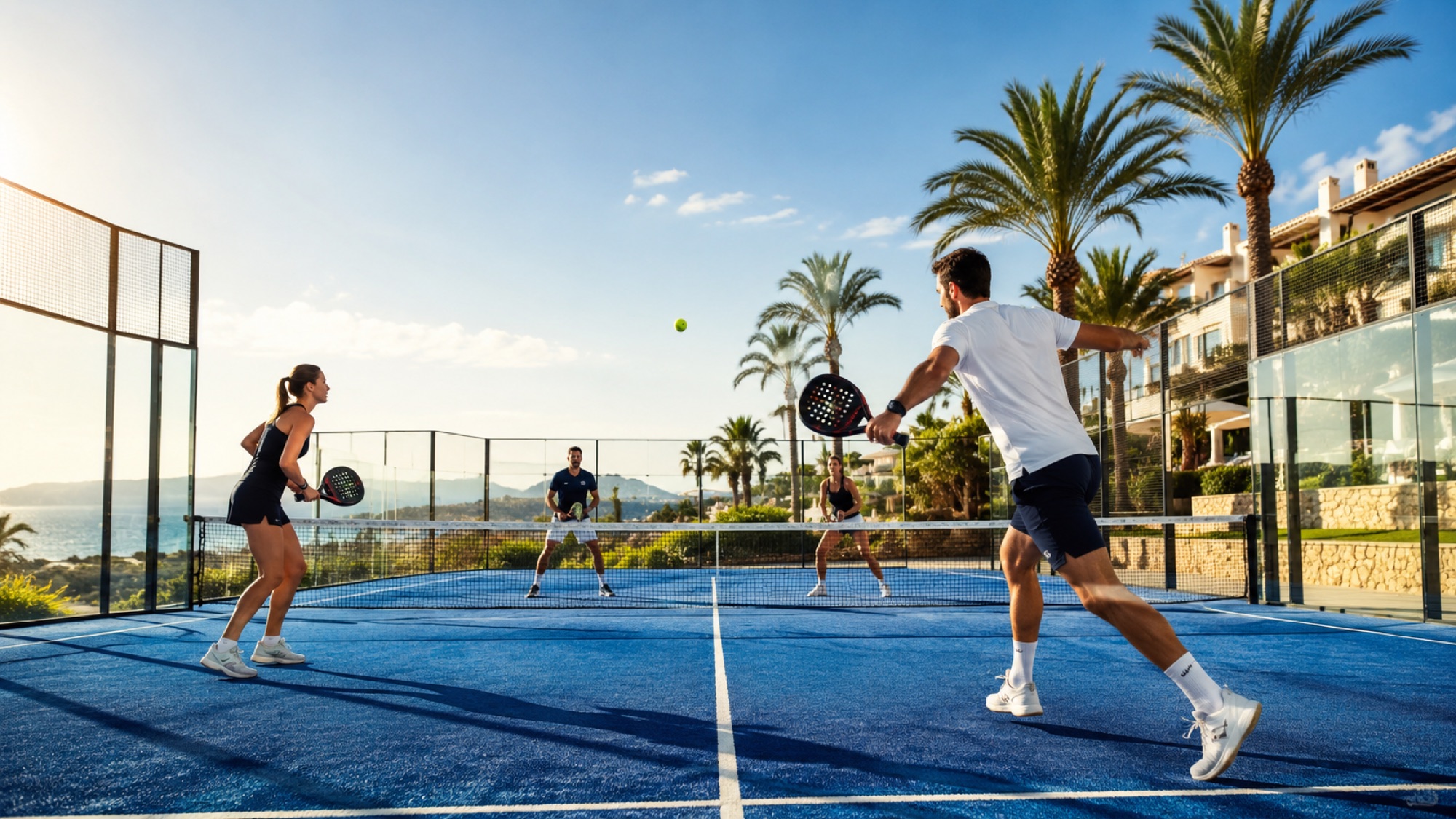 Padel doubles on a glass-walled court at a Golden Point holiday destination